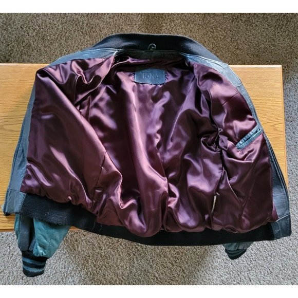 Vintage Toma Mens Leather Jacket Green Black Bomber Medium - Picture 7 of 11